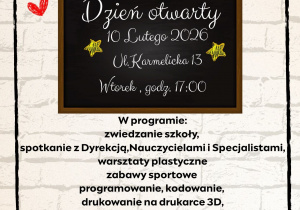 Plakat informujący o Dniu Otwartym w Szkole Podstawowej nr 210. Na grafice znajduje się tablica szkolna z informacją: „Dzień Otwarty – 10 lutego 2026 r., ul. Karmelicka 13, wtorek, godz. 17:00”. Poniżej wymieniony program wydarzenia: zwiedzanie szkoły, spotkanie z dyrekcją, nauczycielami i specjalistami, warsztaty plastyczne, zabawy sportowe, programowanie i kodowanie, druk 3D, zajęcia językowe oraz kawiarenka. Plakat utrzymany w szkolnej stylistyce, z rysunkami książki, ołówka, globusa i zeszytu oraz logo szkoły „210 – Szkoła z Muranowa”.