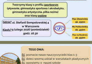 Plakat zapraszający na Dzień Otwarty w Szkole Podstawowej nr 48 w Warszawie. Informacja o wydarzeniu: 9 lutego 2026 roku (poniedziałek), godzina 16:30, ul. Stefanii Sempołowskiej 4. Na plakacie podkreślono, że szkoła tworzy klasy o profilu sportowym (pływanie, gimnastyka sportowa i artystyczna, akrobatyka, piłka nożna) oraz klasy ogólne. W programie dnia: poznanie nauczycielek klas 1–3, warsztaty plastyczne dla dzieci, informacje o szkole i rekrutacji oraz niespodzianka dla każdego dziecka. Zaznaczono bliskość przystanków i stacji metra oraz informację, że rekrutacja do szkół podstawowych rozpoczyna się 10 lutego. Na dole widoczny kod QR i adres strony internetowej szkoły.