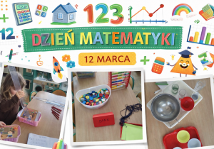Kolorowy kolaż z okazji Dnia Matematyki (12 marca). Na górze znajduje się napis „DZIEŃ MATEMATYKI – 12 MARCA” otoczony grafikami liczb, kalkulatora, wykresów i symboli matematycznych. Poniżej umieszczono trzy zdjęcia przedstawiające dziecięce aktywności matematyczne w sali przedszkolnej: dziecko mierzące przedmioty linijką przy stoliku, zestaw do liczenia z kolorowymi guzikami i liczydłem oraz stanowisko do zabaw z odmierzaniem i przelewaniem wody przy użyciu misek, kubków i lejka. Całość ma radosny, edukacyjny charakter.